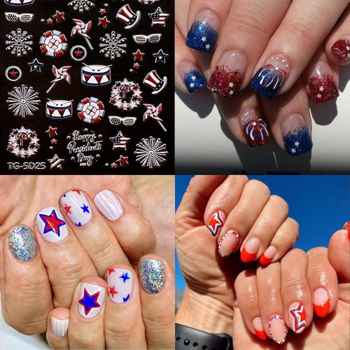 5Sheets 4th of July 5D Nail Art Stickers Decals Red Blue White American Flag Self-Adhesive Embossed Nail Decals Stars Heart Designs Independence Day Nail Decorations DIY Nail Supplies for Women Kids