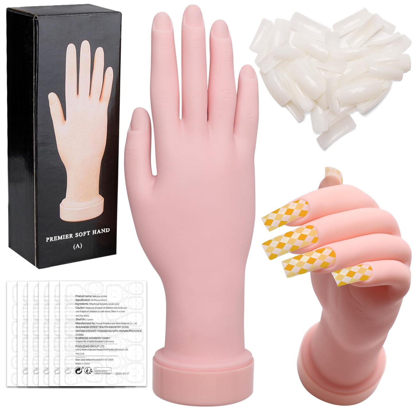 Zhaoyao Practice Hand for Acrylic Nails, Flexible Bendable Nail Practice Hand for Beginners with 100 PCS Nail Tips & 192 PCS Jelly Glues, Silicone Manicure Training kit for Nail Art