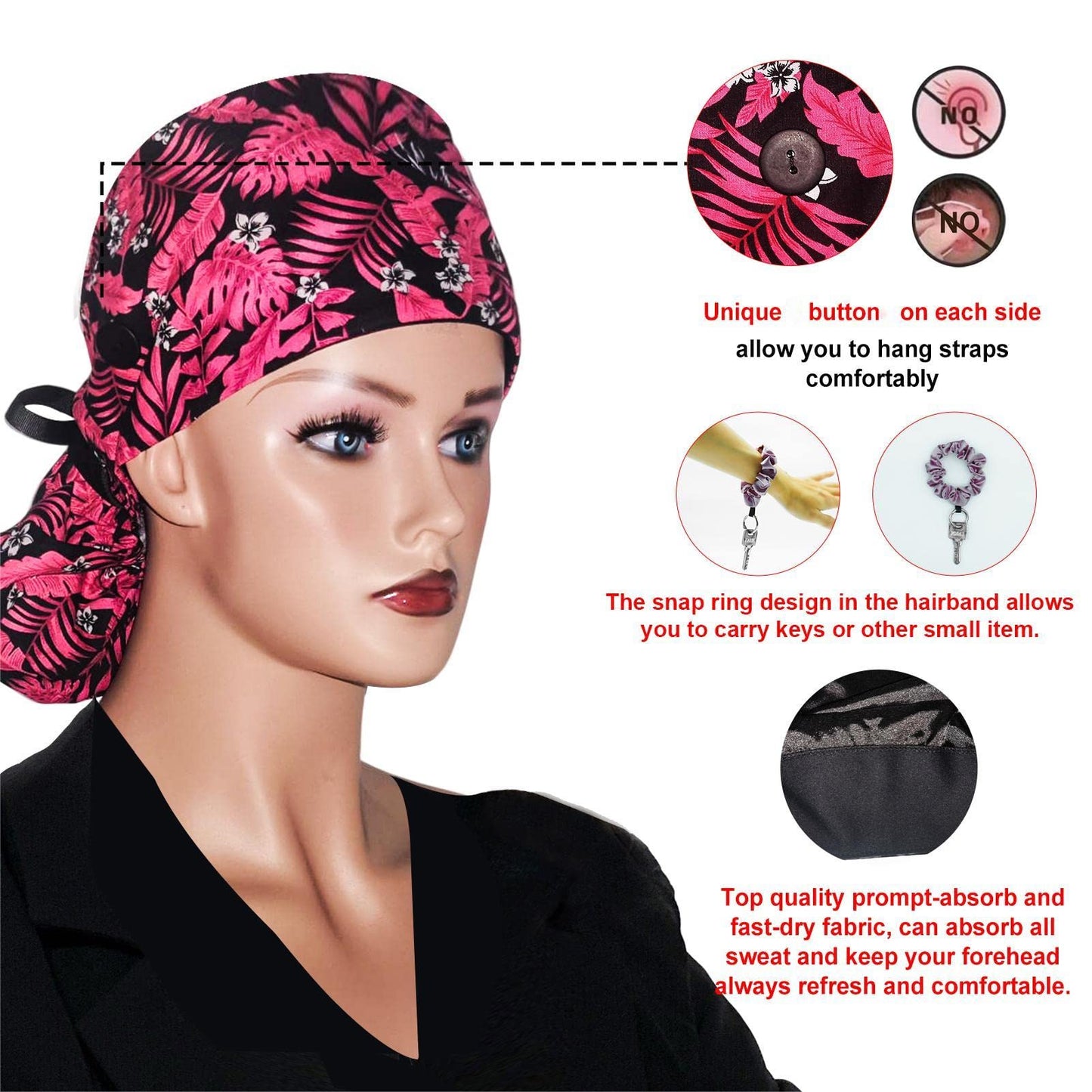 Scrub Cap with Silky Inner - Cotton Hat with Sweatband and Buttons, Adjustable Tie Back Ponytail(Randomly Provide Hair Ring) (Red Leaf)