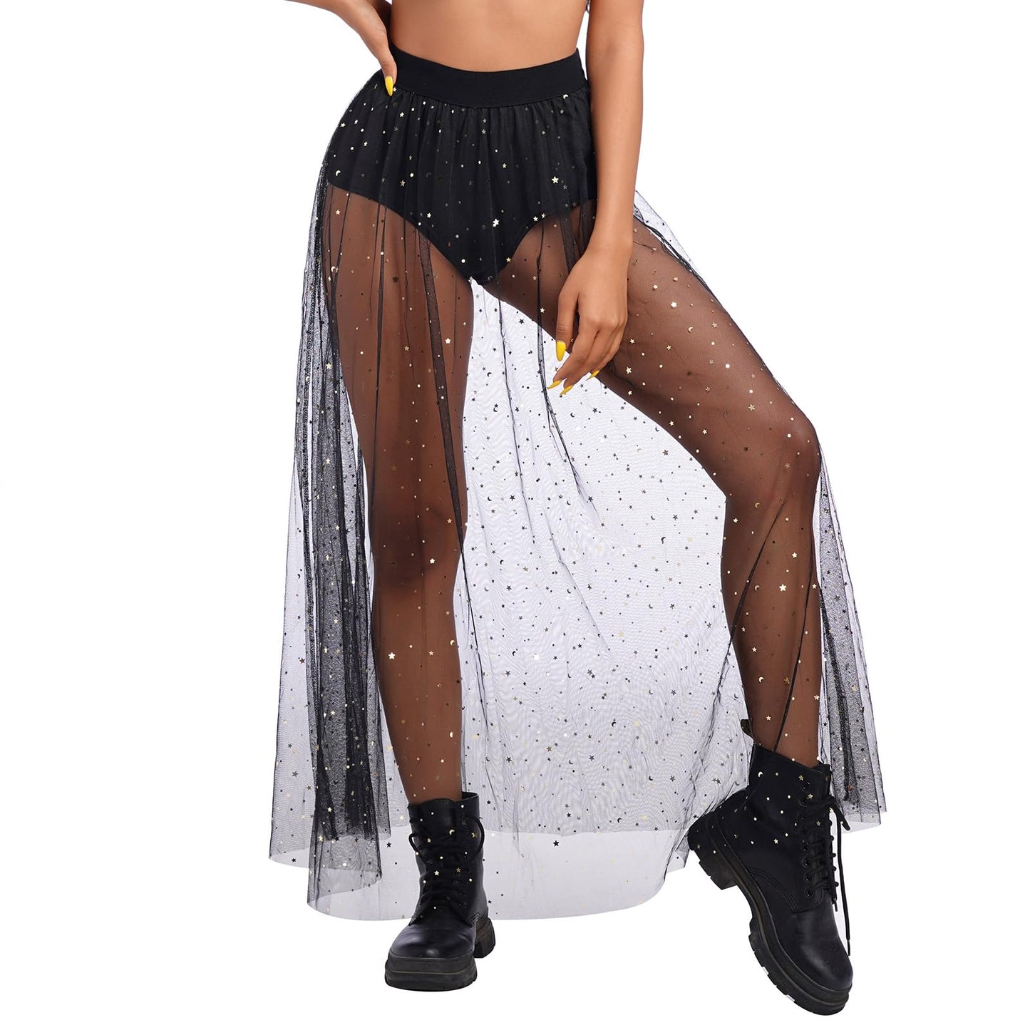 Women's Sheer Mesh 2 in 1 Glitter Sequin Elasticized High Waist A Line Party Maxi Skirt Sparkle Galaxy Sequin Tulle Cover ups Festival Outfits Costume Black Stars S