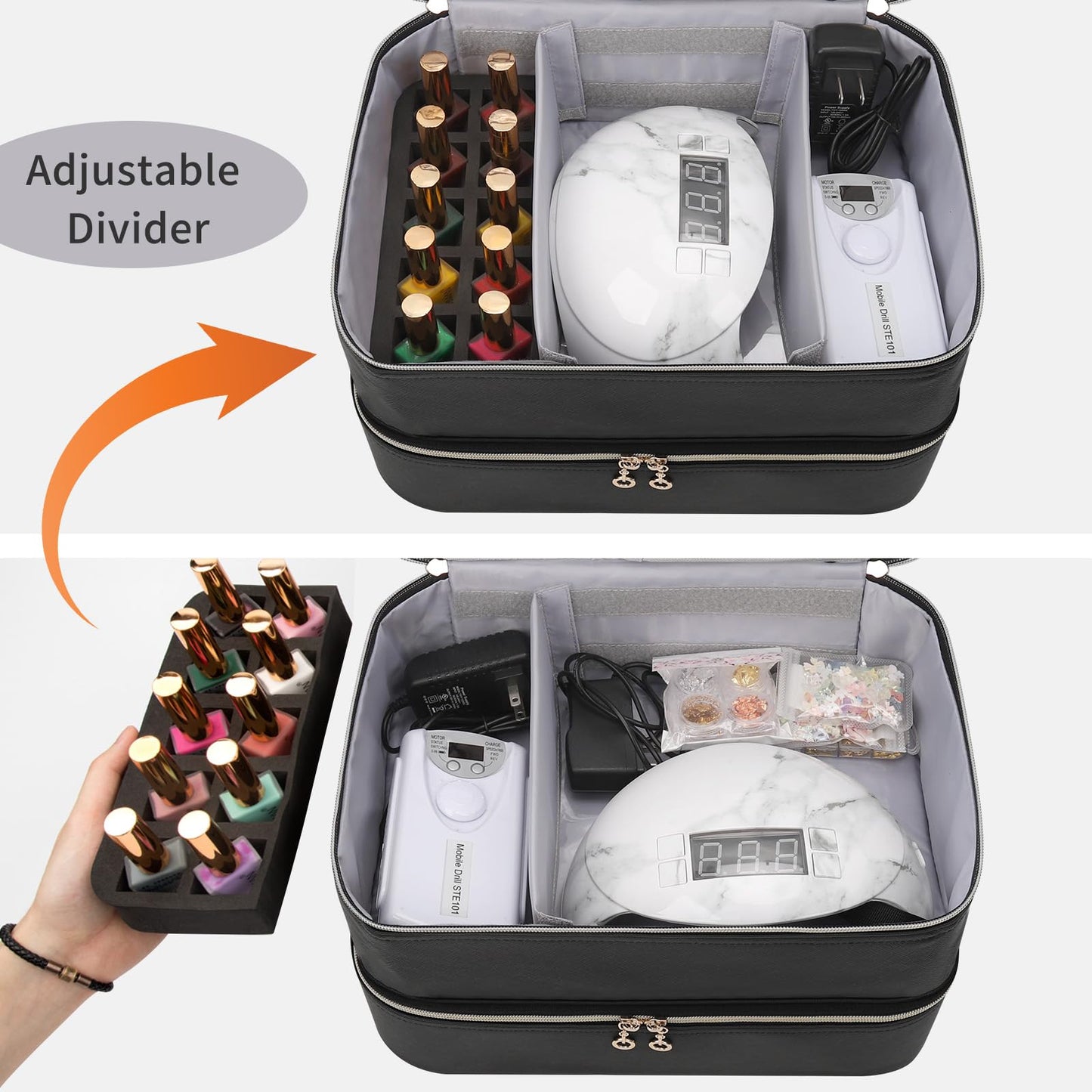 Ethereal Nail Polish Organizer Case, Leather Nail Polish Bag Holds 50+ Bottles (5ml/0.5fl.oz) and Nail Lamp, Nail Storage Organizer with Compartment, Leather Black