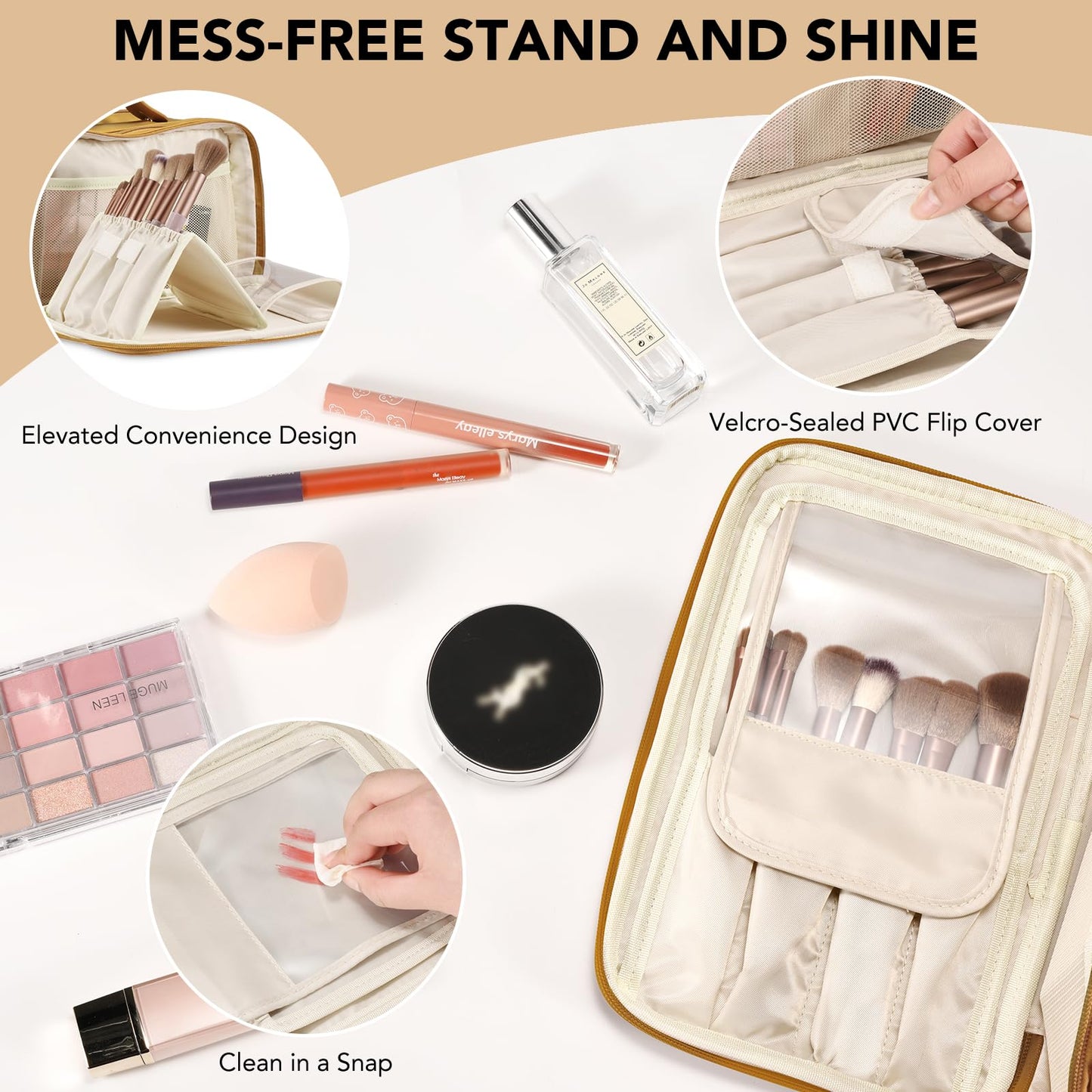 Travel Makeup Bag Women's Large Capacity Cosmetic Portable Organizer Large Opening Waterproof Storage Toiletry Bags Vertical Free-Standing Brush Holder for Easy Access Orange