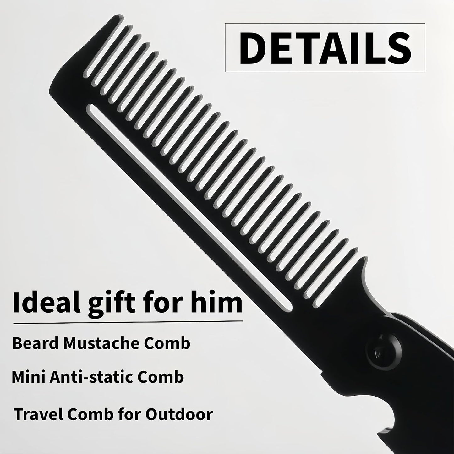 Skiennix Men's Metal Folding Pocket Beard & Mustache Comb - EDC Knife Comb with Bottle Opener | Anti-Static for Stylish Haircuts - Black
