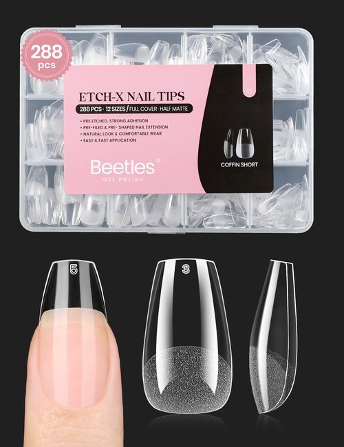 Beetles Gel Nail Tips Short Coffin Pre-Etched Nail Tips, 12 Sizes 288 Pcs Full Cover Soft Tips Half Matte False Nails Clear Acrylic Press on Nails Extension DIY Manicure Gifts for Women