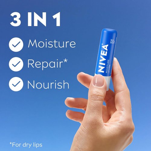 NIVEA Moisture Lip Care - Hydrating Lip Balm with Shea Butter & Nourishing Oils | 3-in-1 Moisture, 0.17 Oz Stick, Pack of 4