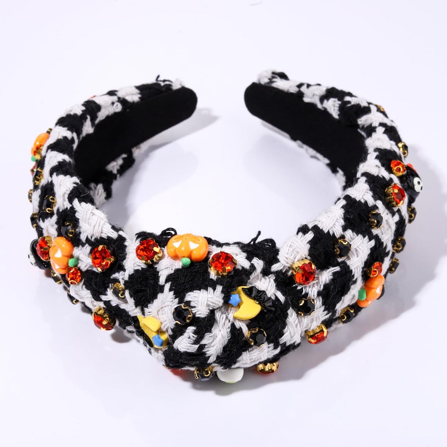 Halloween Crystal Knotted Headband for Women Spooky Candy Corn Pumpkin Charm Headband Rhinstone Embellished Jeweled Top Knot Headband (Pumpkin Bat)