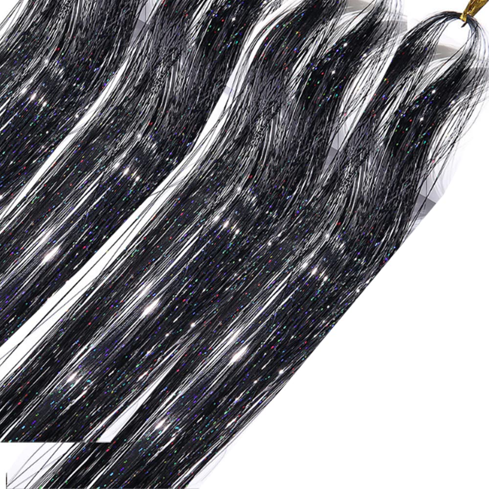 Hair Tinsel Kit, 47 Inches Glitter Heat Resistant Tinsel Hair Extensions Tensile with Hair Beads Wigs Tools & Accessories Tools Gift Set for Halloween Christmas Decoration Women Girls (BLACK)