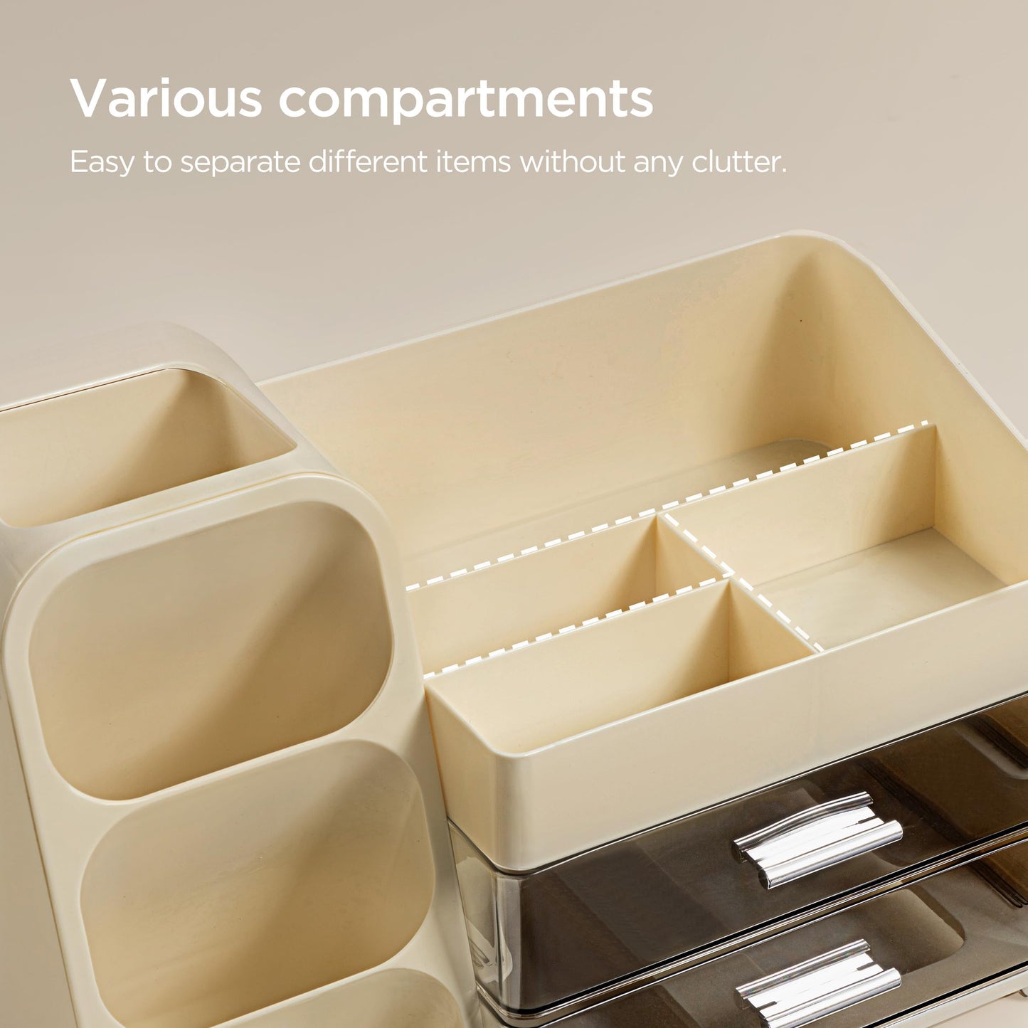 HBlife Makeup Organizer with Brush Holder for Vanity, Large Plastic Bathroom Countertop Organizer Skin Care Storage, Easy to Store Lipsticks, Nail Polishes, Perfumes, Eyeshadow Palettes, Beige