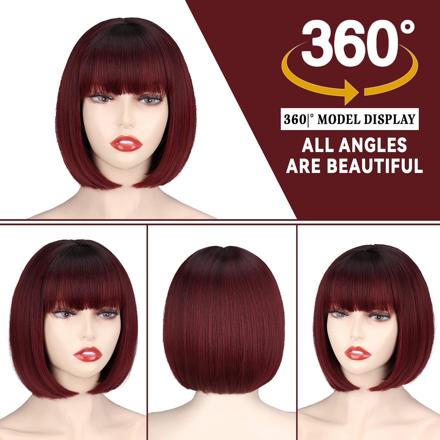 WERD Short Wine Red Bob Wig with Bangs, Straight Burgundy Wig Bob for Women, Short Straight Wig Natural Looking for Daily and Party