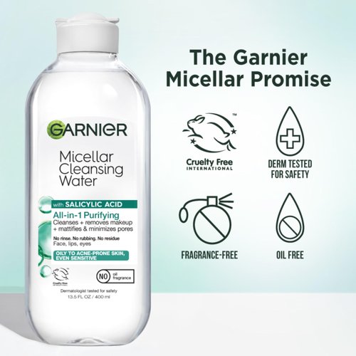 Garnier Micellar Water with Salicylic Acid, All-in-1 Mattifying Facial Cleanser and Makeup Remover for Oily and Acne Prone Skin