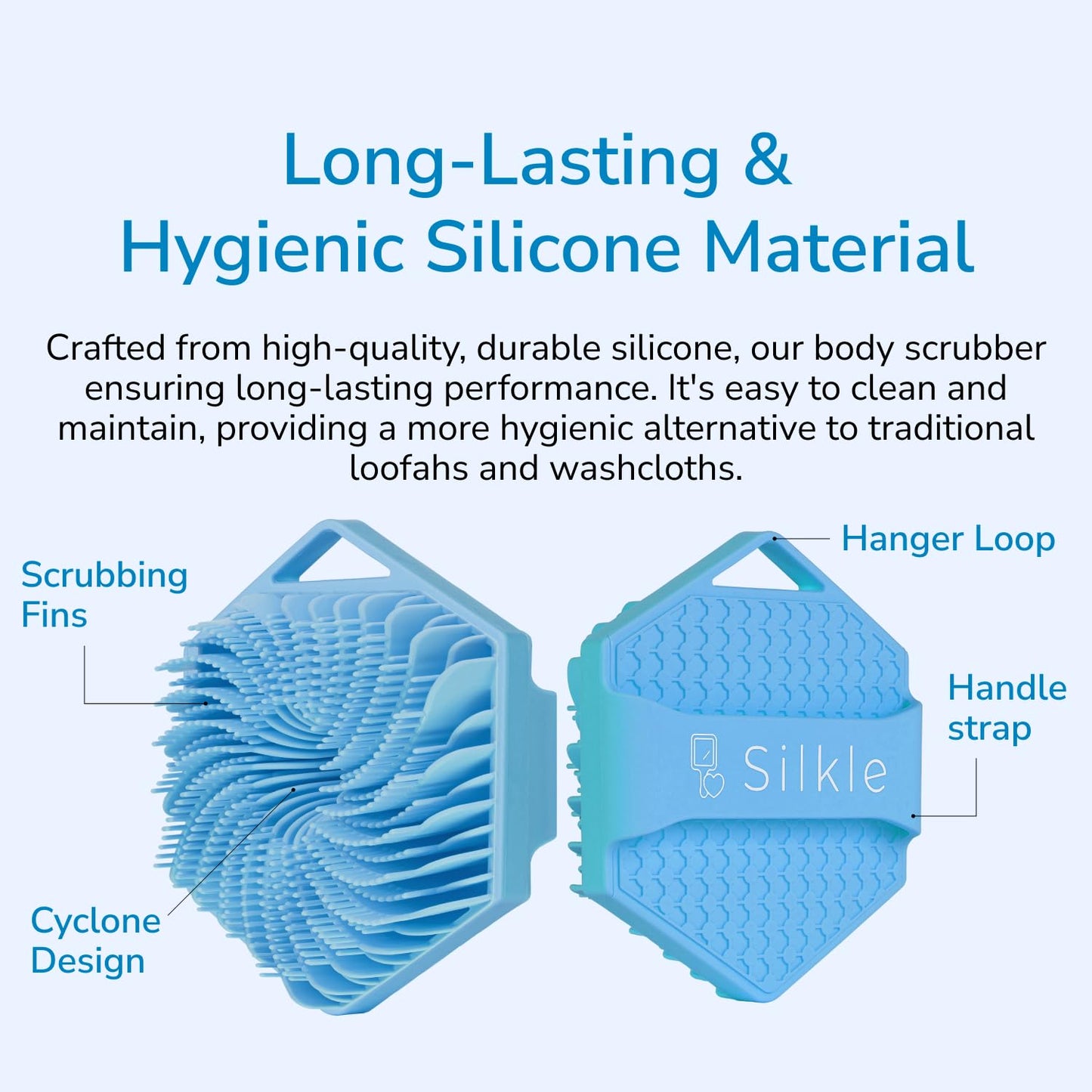 SILKLE Silicone Body Scrubber - Exfoliating Bath Brush and Skin Cleanser - Shower Sponge for Gentle Body Scrub and Wash - Silicone Scrubbing Care Tool for a Refreshed and Renewed You - Blue