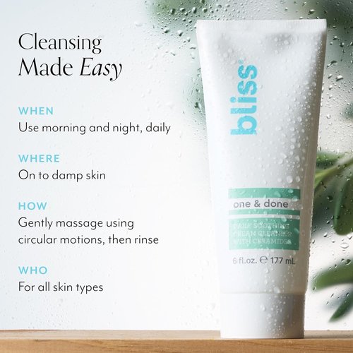 Bliss One & Done Daily Cream Facial Cleanser - Moisturizing Vegan Face Wash for Dry Skin | 6 Fl Oz