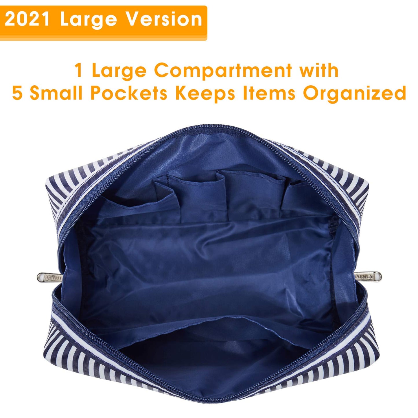 Narwey Cute Makeup Bag Travel Cosmetic Bag Organizer Toiletry Bag Make Up Bags with Compartments for Women Girls (Large, Blue Stripe)