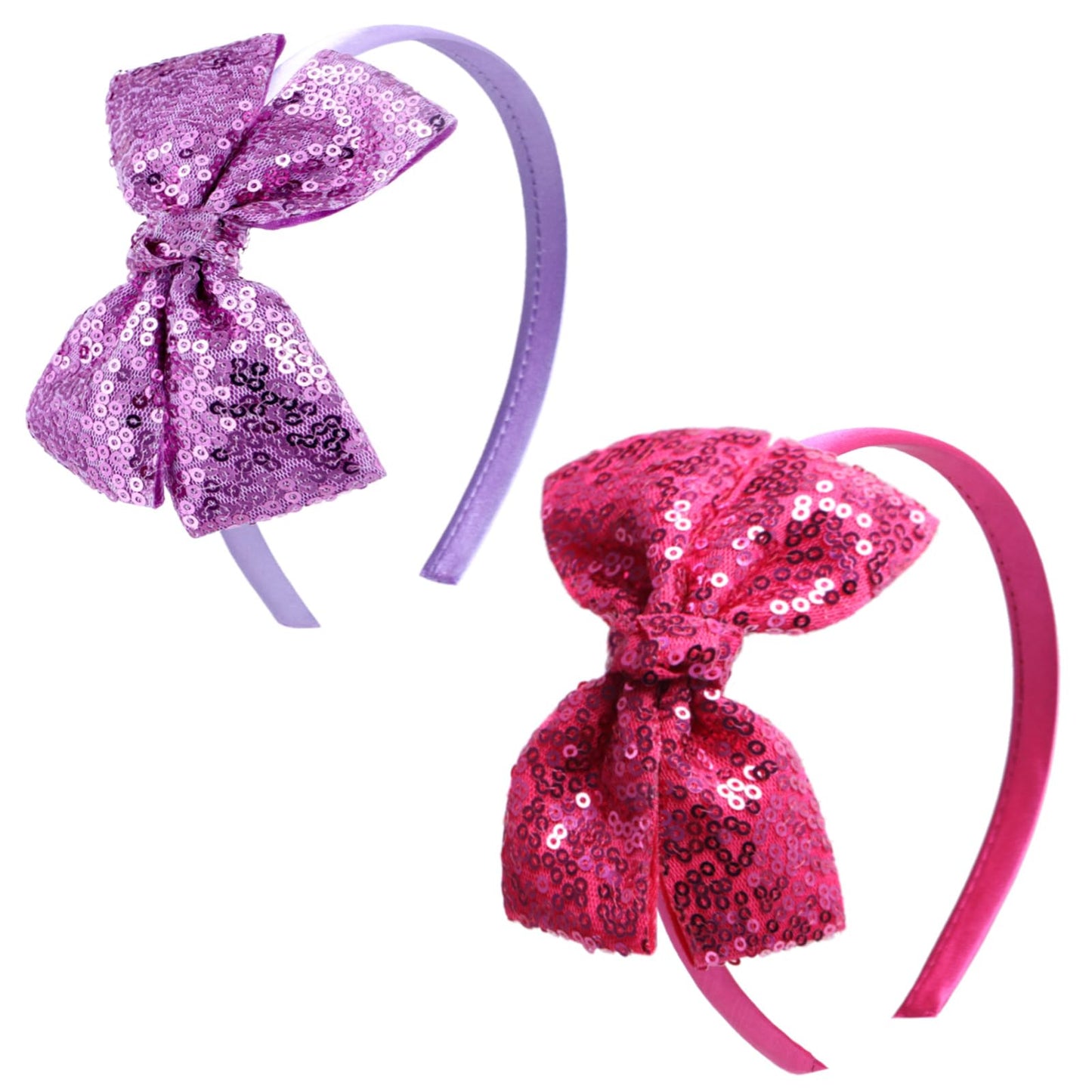 Kiszu Sparkly Sequin Hair Bow Headband for Girls, Kids, and Toddlers - Fashion Cute Boutique Style Hair Accessory - 2 Piece (Purple,Hot Pink)