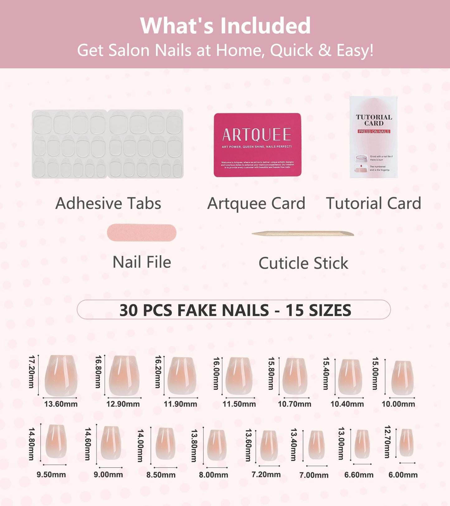 Artquee Press on Nails Short Soft Nude Square False Tips Glossy Reusable Fake Stick on Nails Kit for Women - 30 PCS 15 Sizes