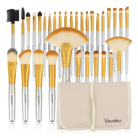 Champagne Makeup Brushes Set, Valentines Day Gifts for Kids,Yuwaku Silver Foundation Powder Blush Eyeshadow Brushes Blending 32 Piece NO Shed Cruelty-Free Synthetic Fiber Bristles Cosmetic Brushes