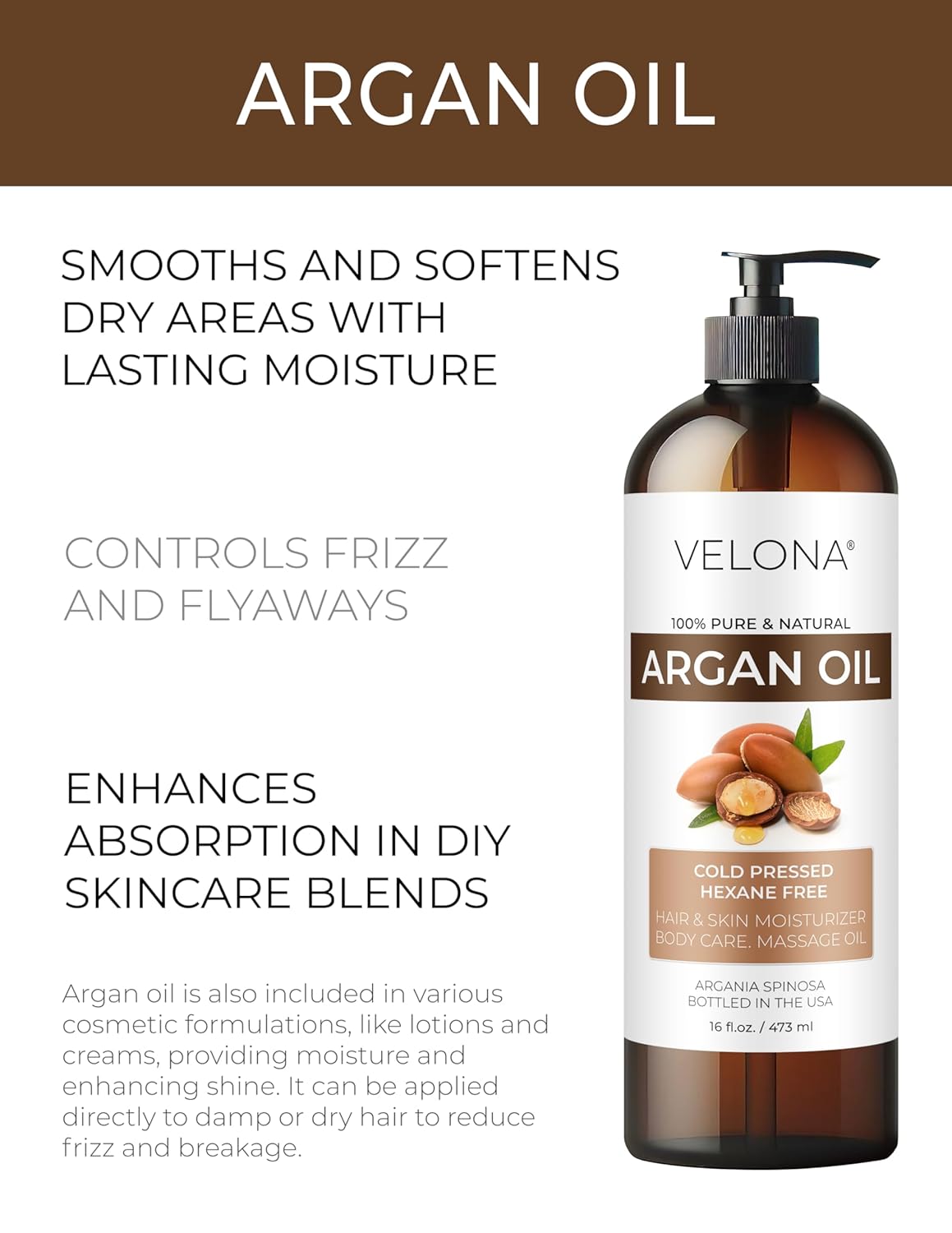 Velona Argan Oil - 100% Pure & Natural 8 Fl Oz | Unrefined Cold Pressed | Skin, Body & Face Care
