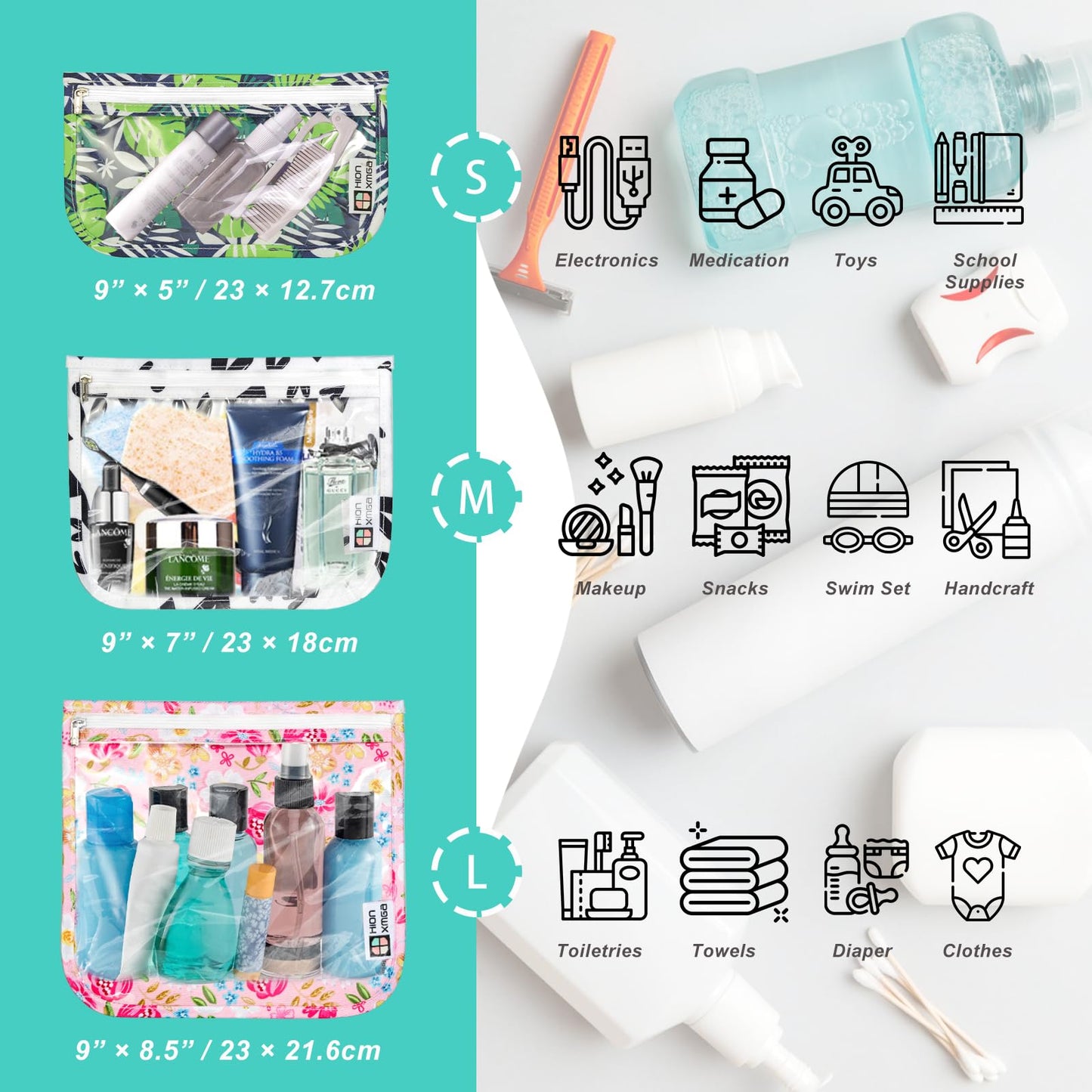 HIONXMGA TSA Approved Toiletry Bag, Set of 3 Clear Travel Toiletry Bag Quart Size Zipper Travel Pouch, Waterproof Makeup Cosmetic Bag for Women Men Kids Toiletries Carry on, Watercolor