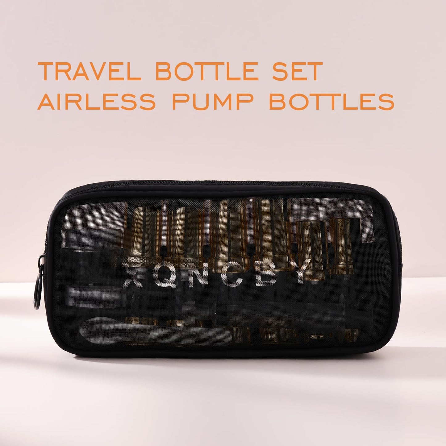 XQNCBY golden airless pump bottle with travel bag set with labels empty refillable cosmetic pump travel size containers hair oil, lotion and other liquids 5ml 10ml 15g(12 Packs)