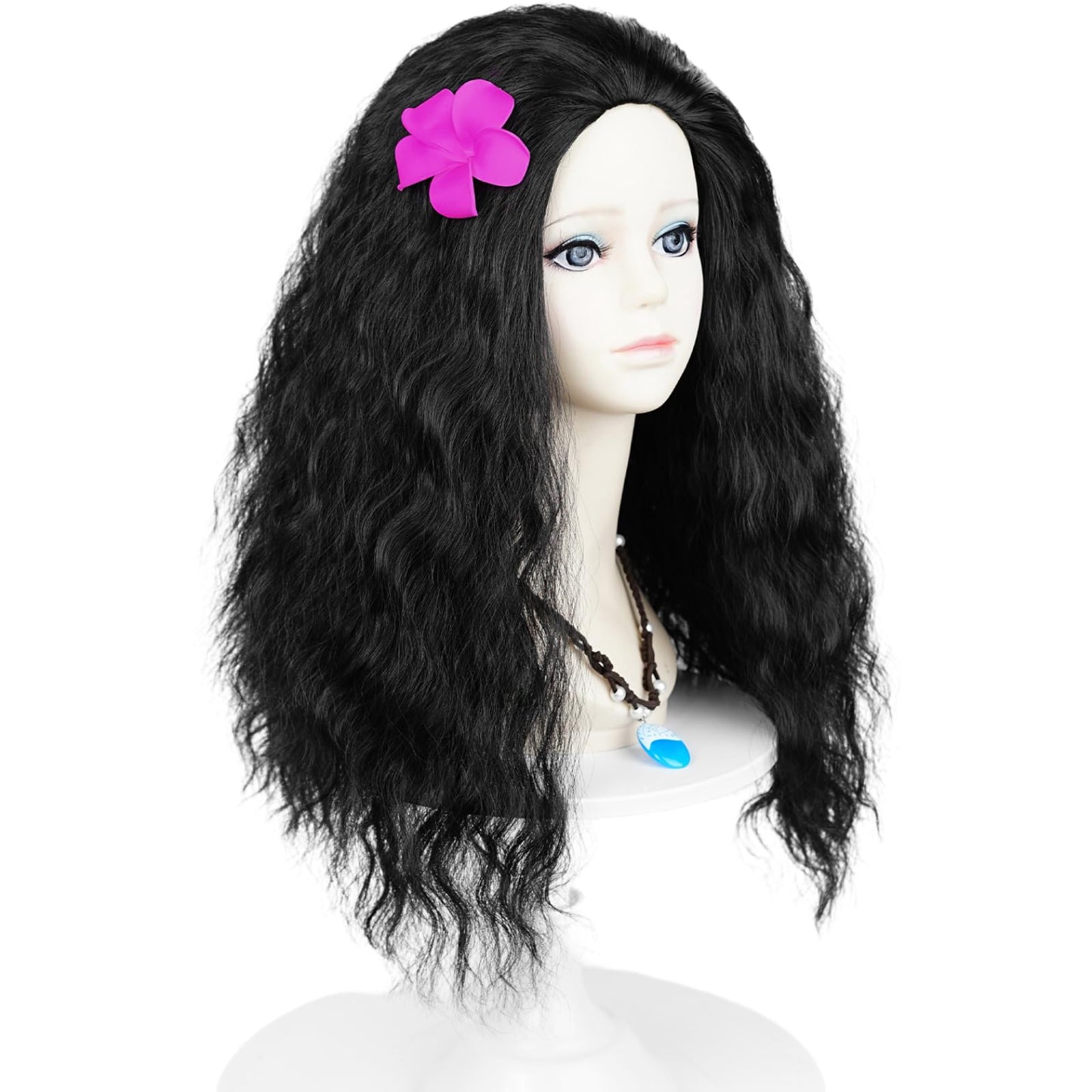 Wiggy Mermaid 50cm Long Black Curly Wig Frizzy Princess Wig with Necklace + Flower-clip for Kids Girls Toddlers Halloween Costume Cosplay