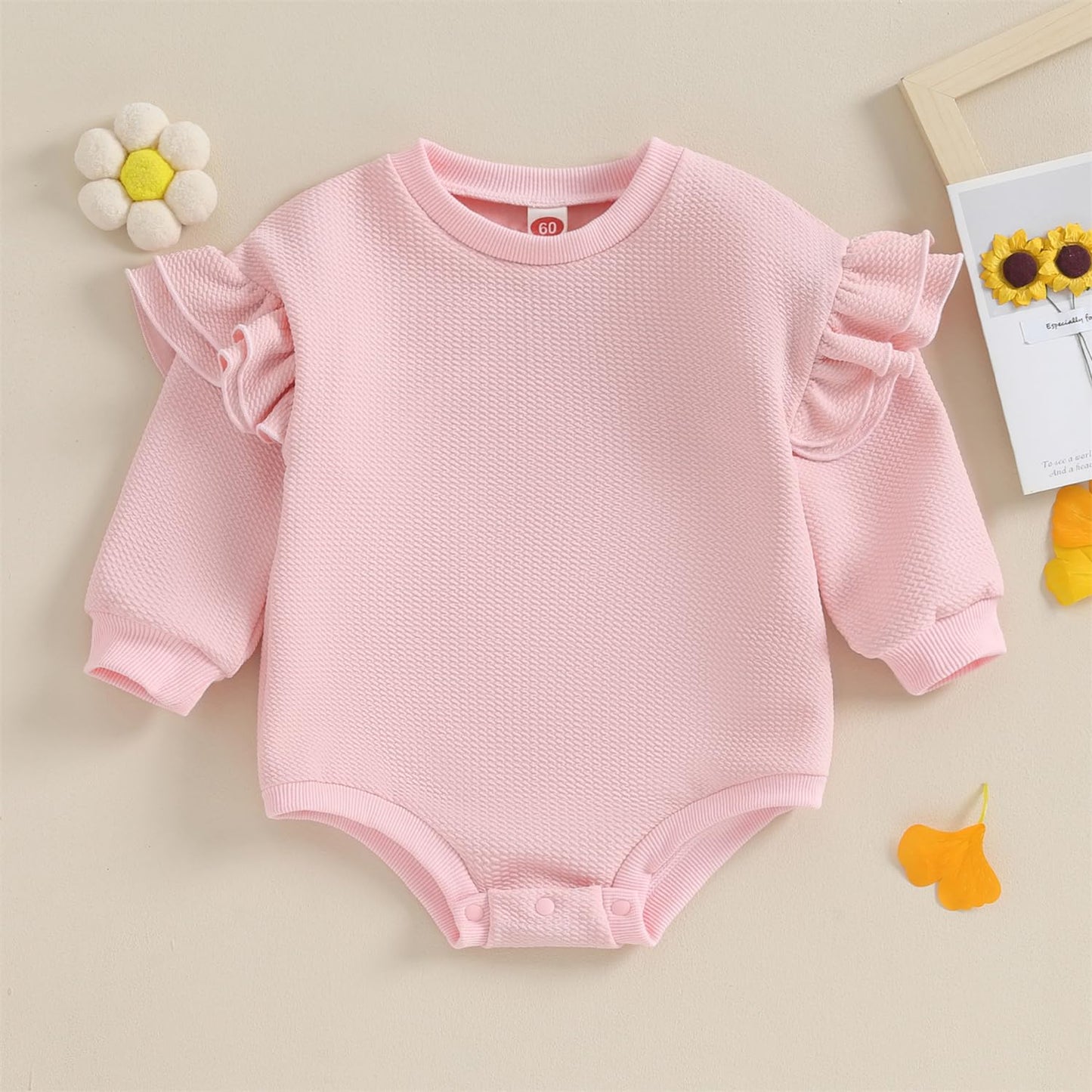 DOSYZTO Newborn Baby Girl Solid Romper Sweatshirt Ruffle Long Sleeve Bodysuit Outfit Infant Fall Clothing (Ruffled Sleeve Pink,12-18 Months)