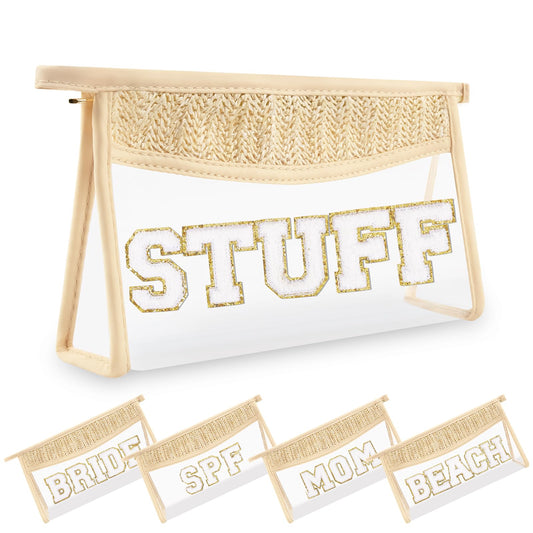Small Boho Straw Clear Stuff Makeup Bags for Women&Girls, Zipper Cosmetic Bag Chenille Varsity Letter Patch Bag, Preppy Cute Toiletry Pouch, Trendy Organizer Storage Bag for Beach Travel Essentials