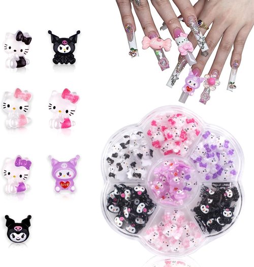 70Pcs for Kitty San-Rio Cute Charm Kawaii Skateboard Nail Charm Flat Background Resin Charm 70 3D Nail Charm Nail Decoration Products for Halloween Decoration (Cute Nail Charm)