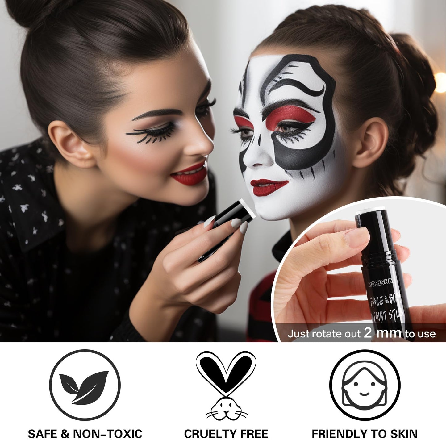 BOBISUKA White Face Body Paint Stick Eye Black Sticks for Football Baseball Softball Water Based Face Painting Kit Quick Drying Foundation Makeup for Halloween Clown Skeleton Skull Cosplay SFX Costume