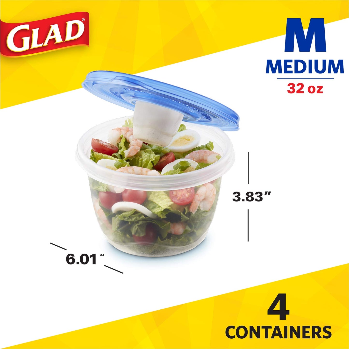 Glad GladWare To Go Snack Food Storage Containers - Medium Round - Meal Container Holds up to 24 Ounces of Food - Lock Tight Seal, 4 Count