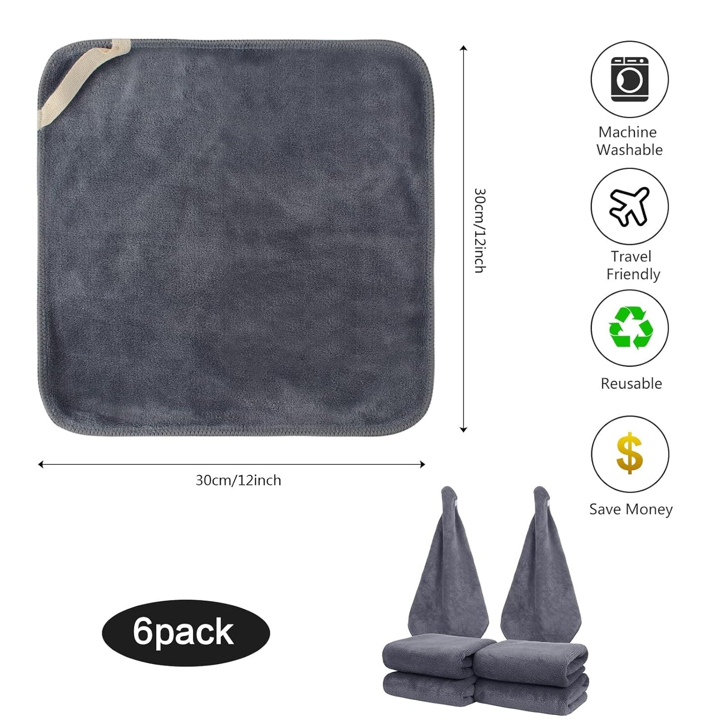 SINLAND Microfiber Facial Cloths - Fast-Drying Washcloths | 12" x 12" Grey, 6-Pack