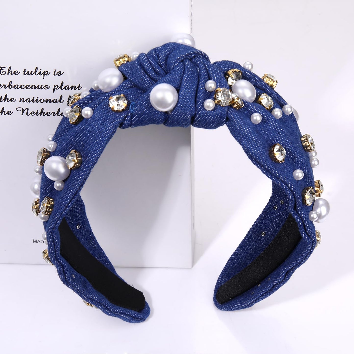 GLBCC Pearl Knotted Headband for Women White Pearl Rhinestone Jeweled Hairband Fashion Ladies Wide Bride Boho Party Hair Accessories (denim dark blue knot hairband)