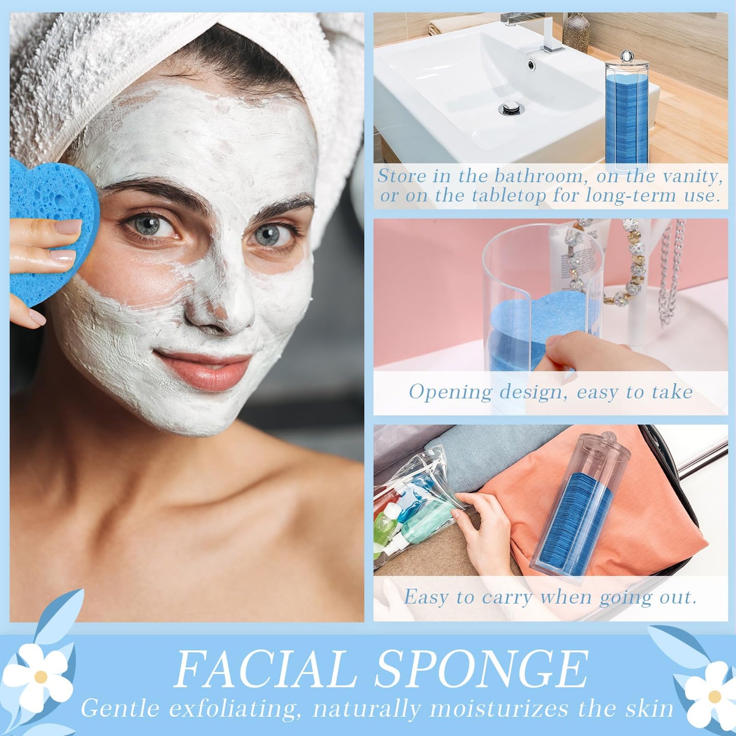 Sieral 120 Pcs Compressed Facial Sponges with Container Disposable Face Sponge Pads for Washing Face Cleansing Exfoliating Esthetician Makeup Removal(Heart,Dark Blue)