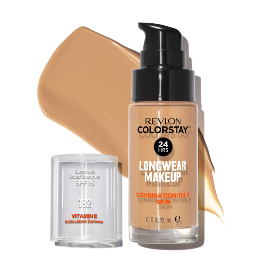 Revlon Liquid Foundation, ColorStay Face Makeup for Combination & Oily Skin, SPF 15, Medium-Full Coverage with Matte Finish, Sun Beige (392), 1.0 oz