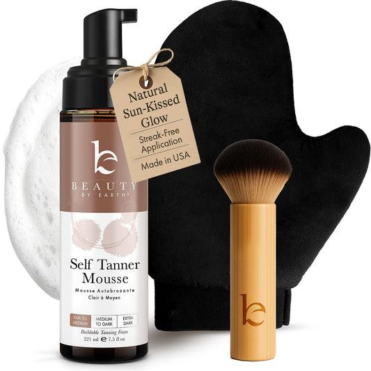 Skiennix Self Tanner Mousse Kit - USA Made, Natural & Organic Ingredients, Includes Kabuki Brush & Mitt