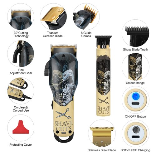BESTBOMG® Hair Clippers & Trimmer Ceramic T-Blade Cordless Haircut Sets Rechargeable with 10 Guide Combs & for Men/Father/Husband/Boyfriend