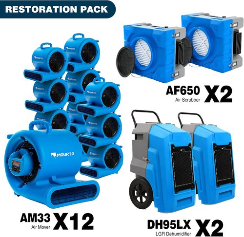 MOUNTO Water Damage Restoration Combo - 12 Air Movers, 2 Air Scrubbers & 2 LGR Dehumidifiers