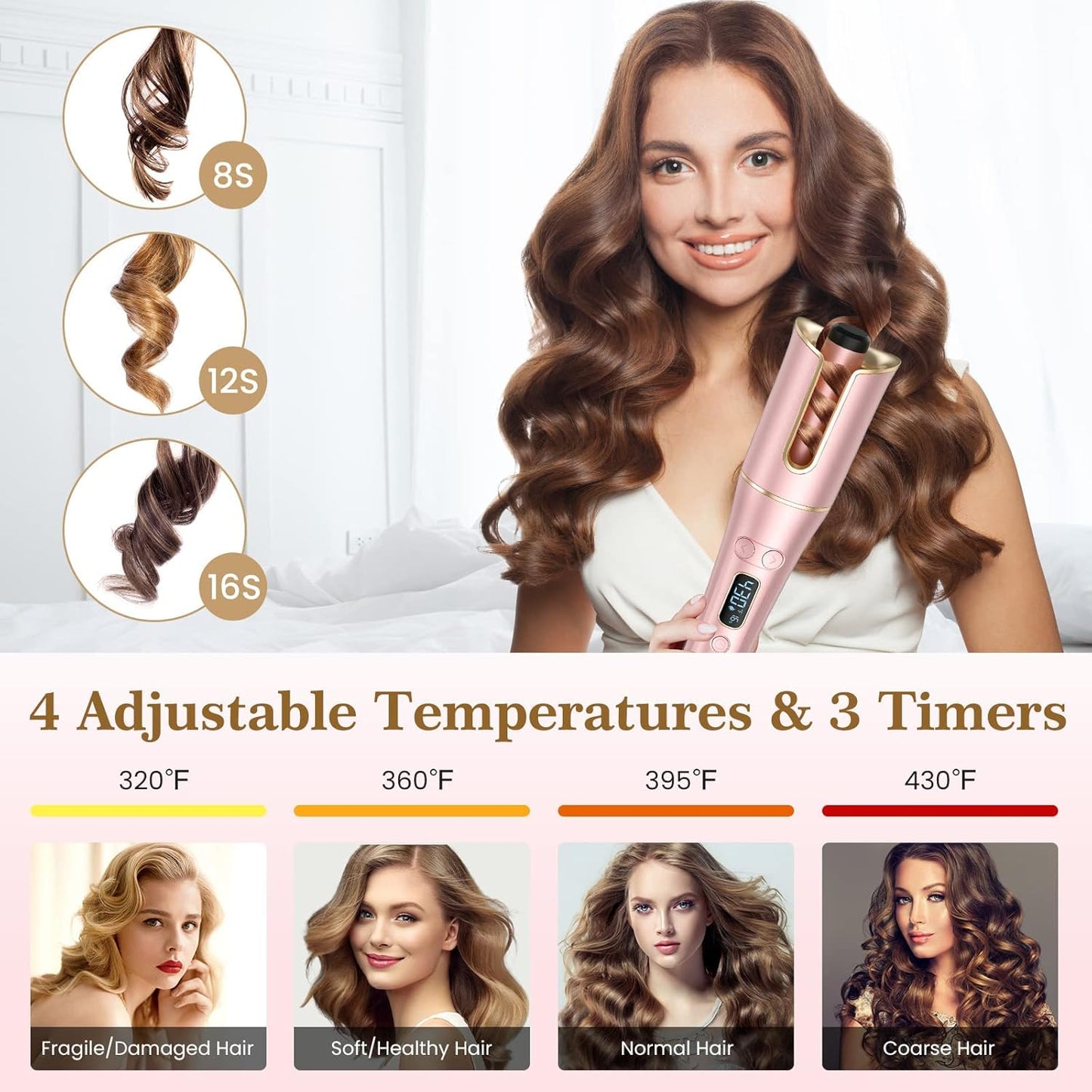 Skiennix Automatic Curling Iron - 1" Large Barrel, 4 Temperatures & 3 Timers, LCD Display