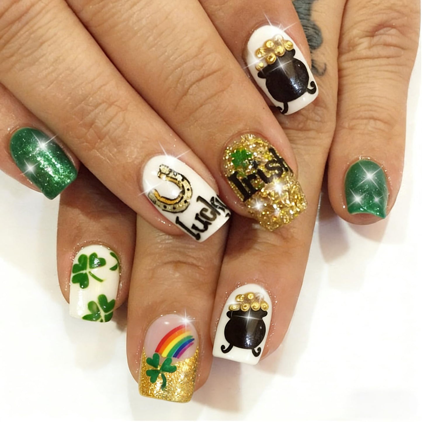 24Pcs St Patrick's Day Press on Nails Short Square Gold French Tip Fake Nails with Gold Rhinestones Horseshoe Rainbow Shamrocks False Nails St Patricks Day Acrylic Nails Irish Stick on Nails for Women