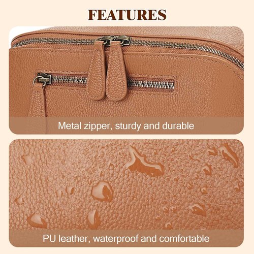Divvia Travel Makeup Bag 3 Pcs Set, Waterproof Vegan Leather Toiletry Bag Organizer with Compartments & Handle, Cosmetic Bags for Women, Portable Travel Essentials Pouch (Large, brown)