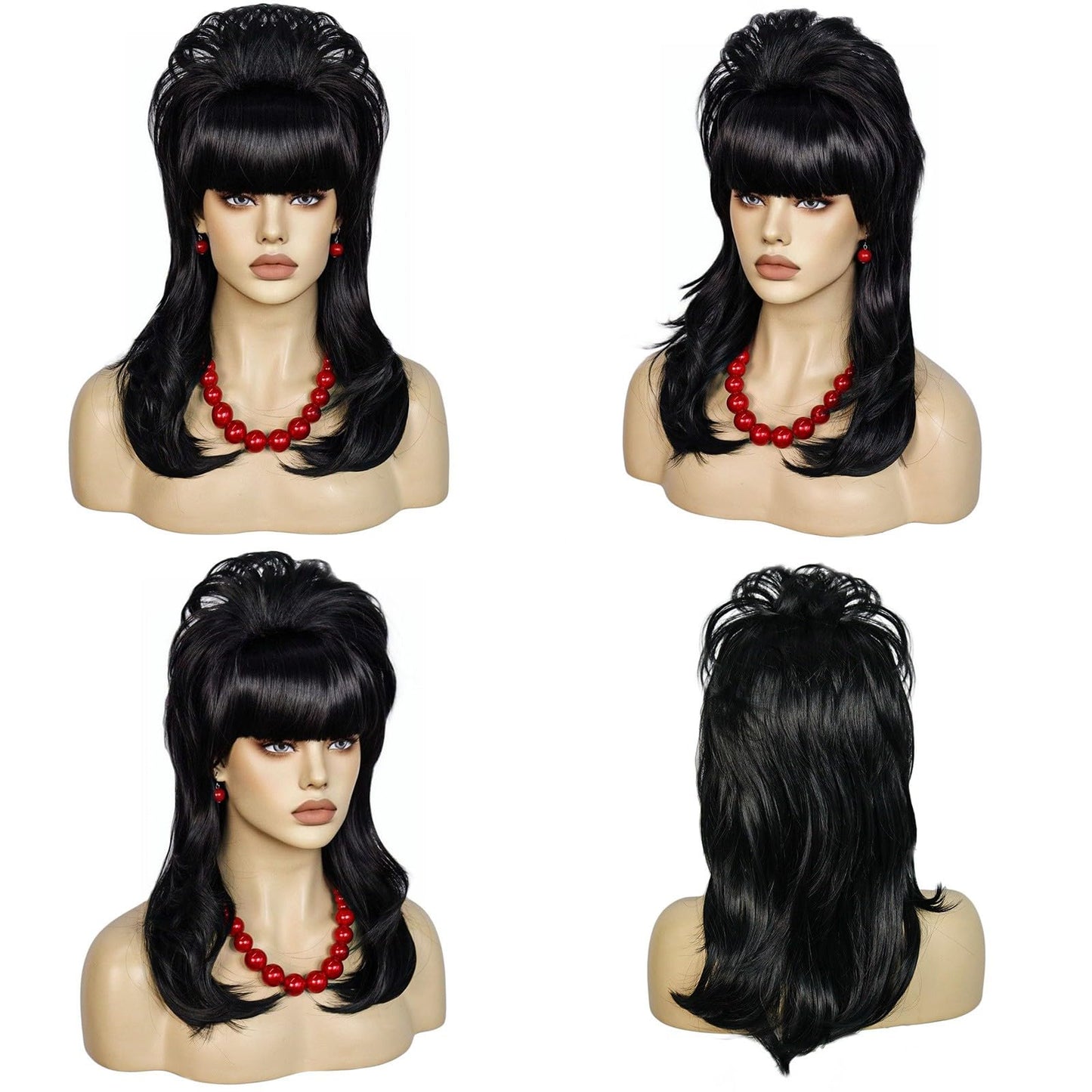 Anogol Hair Cap+ 5 Pcs Peggy Bundy Wig Black Wig with Pearl Necklace Earrings Bracelet 50s 60s Beehive Wig 1950s 1960s Wigs for Women Vintage Wigs for Cosplay Costume Halloween Party