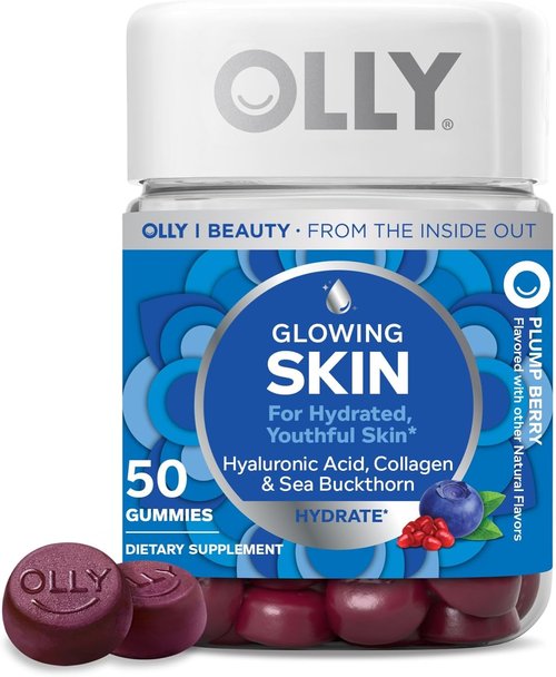 OLLY Glowing Skin Gummies - Hydrated & Youthful Skin with Hyaluronic Acid & Collagen Peptides | 50 Count