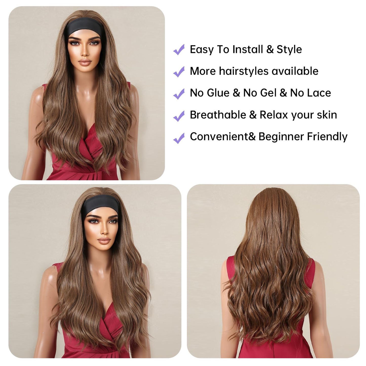 testar Headband Wig Body Wave Brown Wigs for Women Long Loose Wave Wavy Honey Brown Wigs Synthetic Wig Cosplay Hair Headband Wig