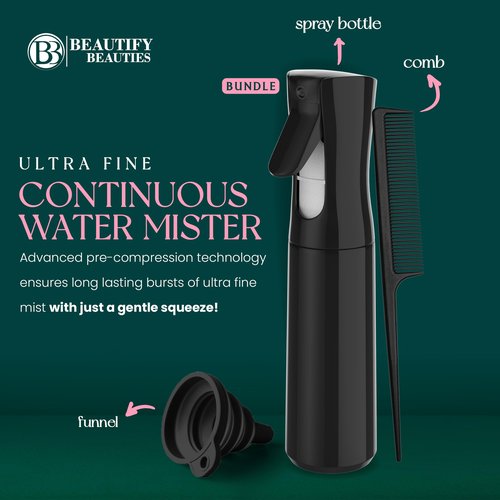BeautifyBeauties Hair Spray Bottle – Ultra Fine Continuous Water Mister for Hairstyling, Cleaning, Plants, Misting & Skin Care (Black)