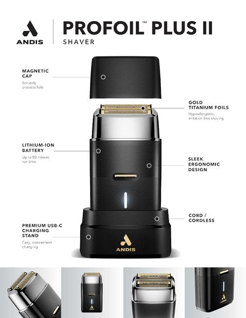 Andis Pro Foil Plus II Cordless Shaver - Gold Titanium Foils, Lithium Ion Battery, USB-C Charging Stand