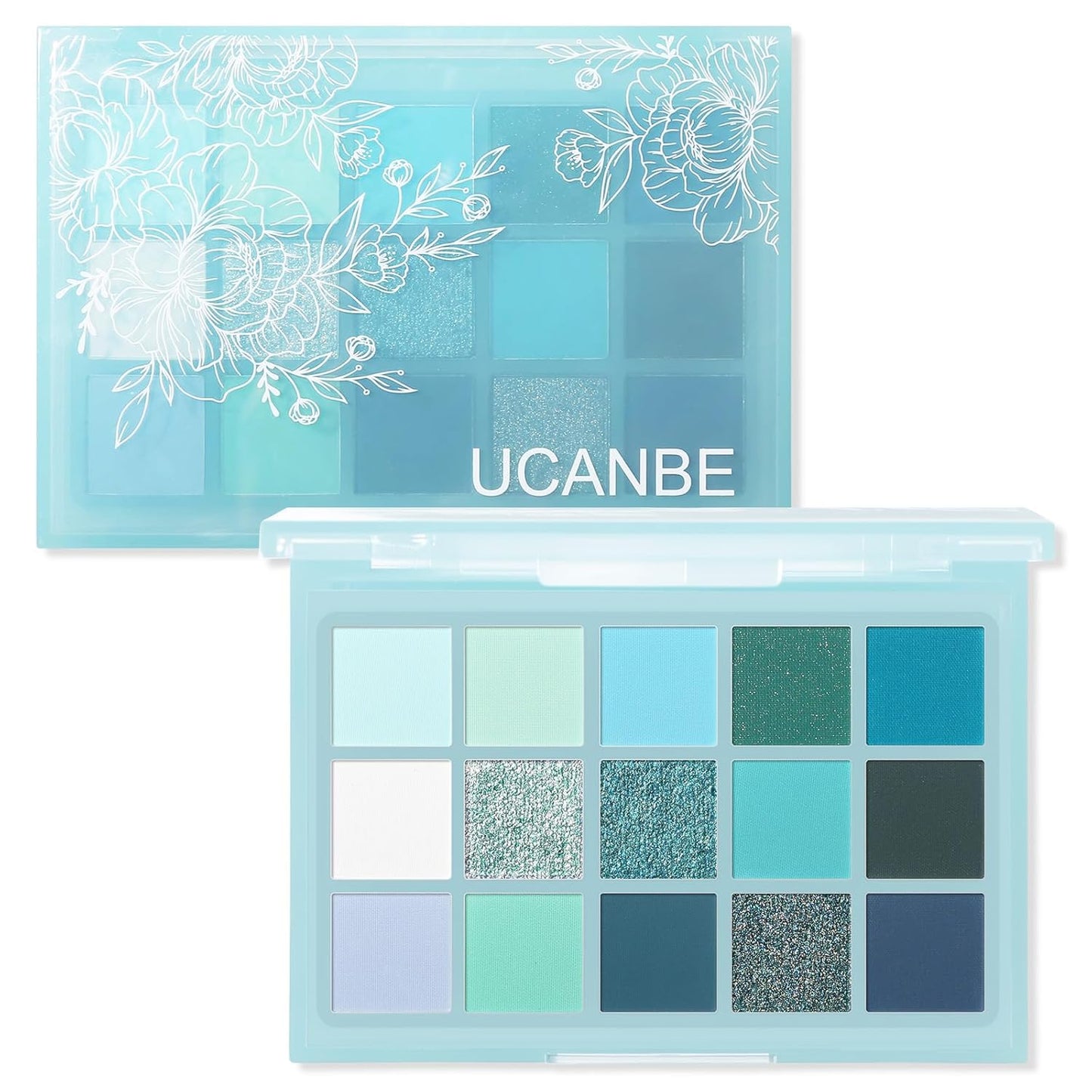 UCANBE 15 Color Eyeshadow Palette - High Pigmented Shimmer & Matte Shades | Cool Tones in White, Blue, Green, Mint, Teal, Navy