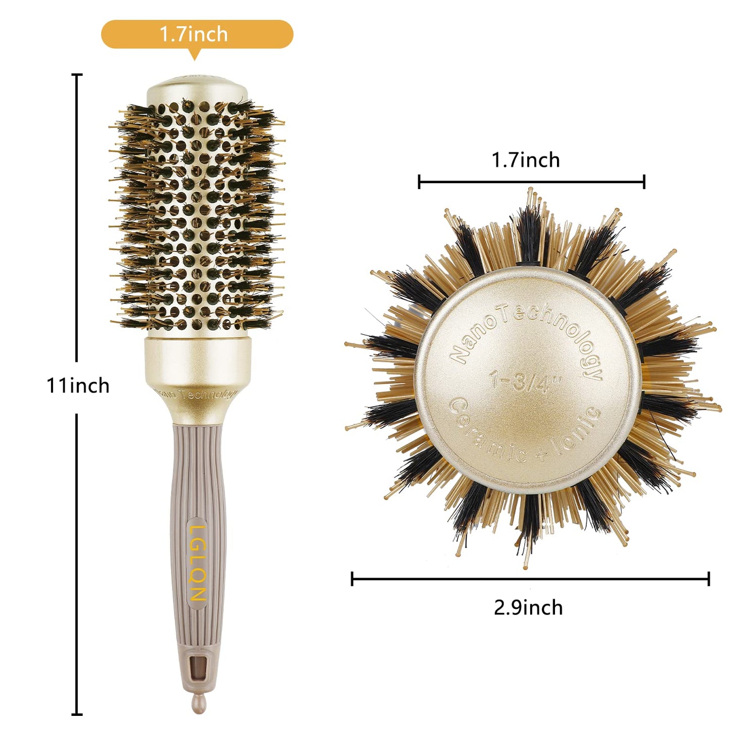 LGLQN Round Barrel Brush for Blow Drying, with Boar Bristles, Nano Thermal Ceramic & Ionic Tech, 1.7 inch, Gold