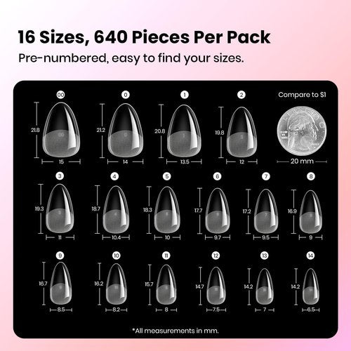 Beetles Gel Almond Nail Tips Short, Curve-EX 640pcs 16 Sizes, Etch-X Half Matte Full Cover Soft Acrylic False Press on Nail Tips Easy DIY Nail Extension Art Salon for Curved & Natural Nail Beds