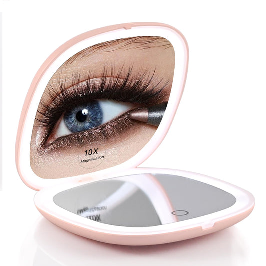 WUSHXI Portable LED Makeup Mirror - Compact Travel Mirror with Light, 10X Magnification, Adjustable Brightness, Rechargeable, for Her, Travel Accessories for Women, Ideal for Purse