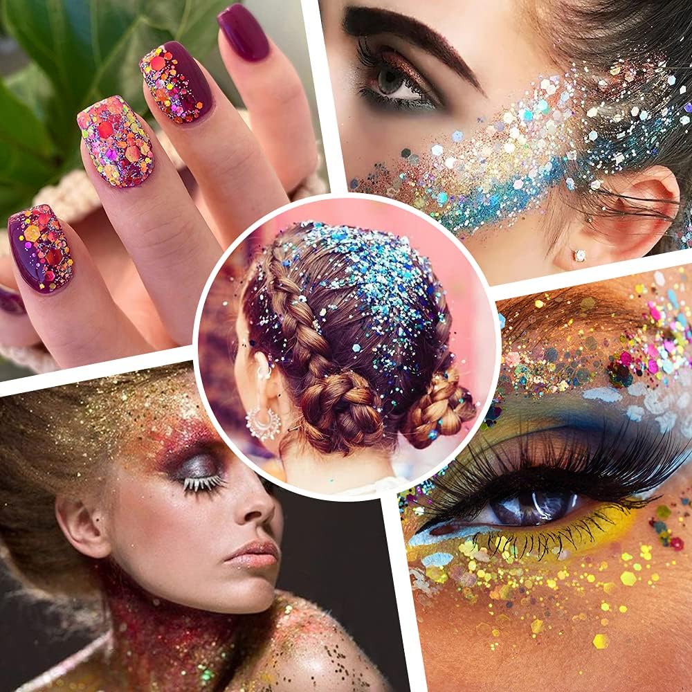 Holographic Chunky Glitter Sequins, 12 Colors Mixed Cosmetic Glitter for Face Body Eye Hair Nail Art Lip Gloss Makeup, Festival Glitter with Different Hexagons Size and Stars (Laser Mix)