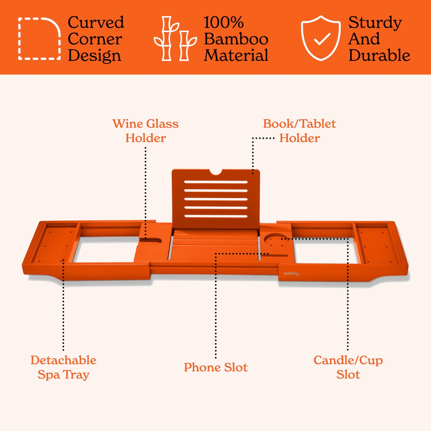 SMIRLY Bathtub Tray Caddy - Expandable Bamboo Bath Tray, Bathtub Accessory, House Warming Gifts New Home, Wedding Gifts for Couple, Birthday Gifts for Women.